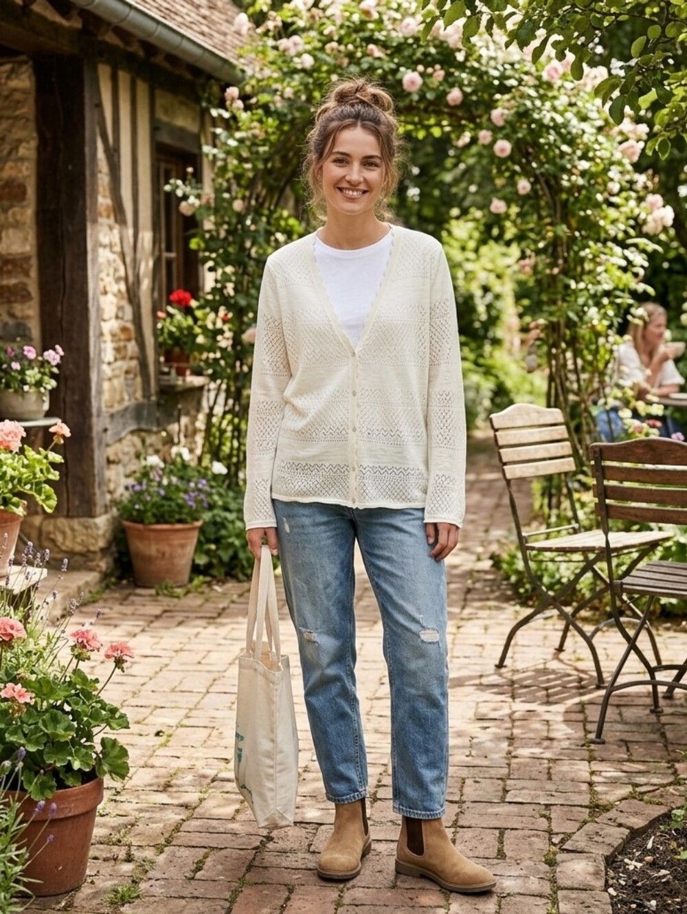Frye Cardigan XXL Cream Pointelle Knit V-neck Lightweight Preppy Cottagecore